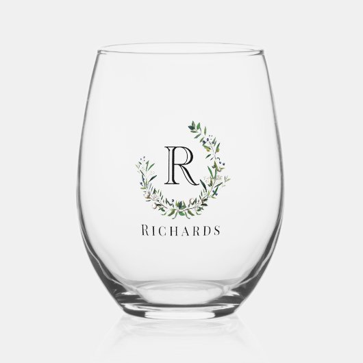 Name der Blueberry Greenery Wreath Monogram Weinglas Ohne Stiel (Vorderseite)