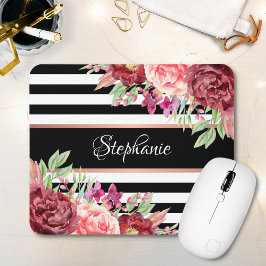 Name der Borgundy Floral Black Stripes Monogramm Mousepad