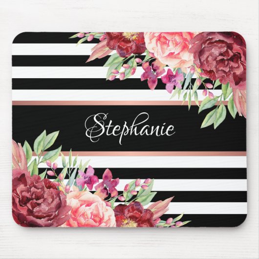 Name der Borgundy Floral Black Stripes Monogramm Mousepad (Vorne)