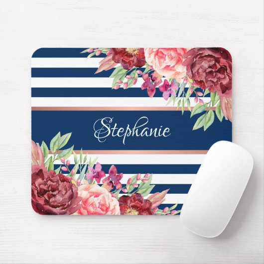Name der Borgundy Floral Navy Stripes Monogramm Mousepad (Mit Mouse)