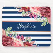 Name der Borgundy Floral Navy Stripes Monogramm Mousepad (Vorne)