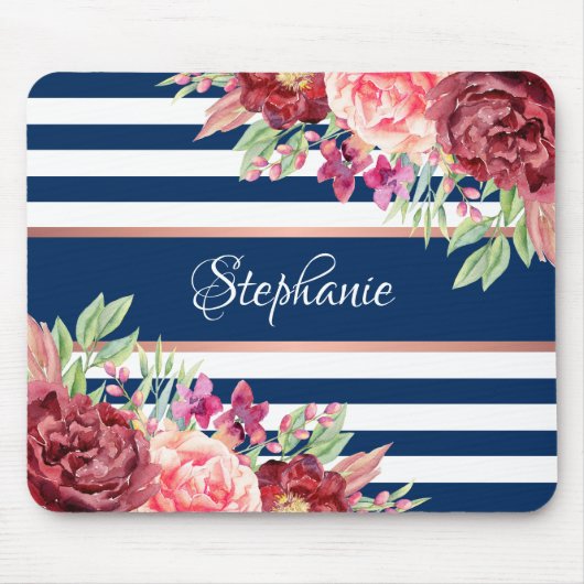Name der Borgundy Floral Navy Stripes Monogramm Mousepad (Vorne)