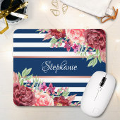 Name der Borgundy Floral Navy Stripes Monogramm Mousepad