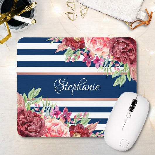 Name der Borgundy Floral Navy Stripes Monogramm Mousepad