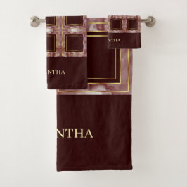 Name der burgundy-rosa- und goldfarbenen Wiederhol Badhandtuch Set