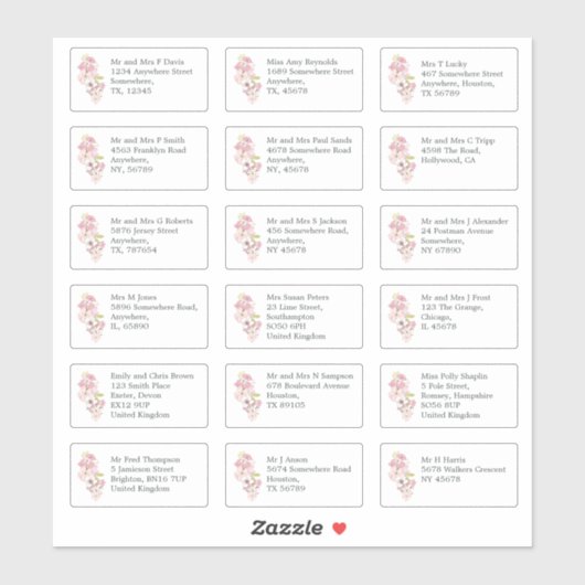 Name der einzelnen Gäste Anschrift Spring Flowers Aufkleber (Blatt)