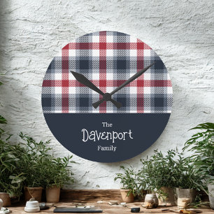 Name der Familie Red White und Blue Tartan Runde Wanduhr