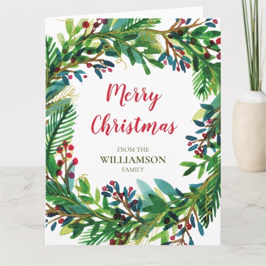Name der Familie von Weihnachtskranz Watecolor Karte (Vorderseite)