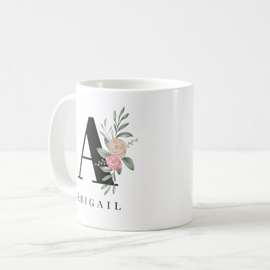 Name der floral Custom Monogram Kaffeetasse (Vorderseite Links)