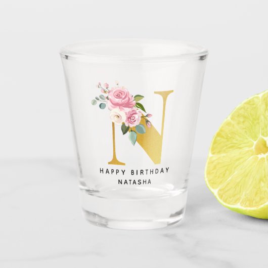 Name der Floral personalisiert Happy Birthday Schnapsglas (Vorderseite)