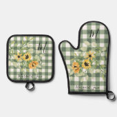 Name der floralen Retro-Küche Monogramm kariert Ofenhandschuh & Topflappen-Set (Vorderseite)