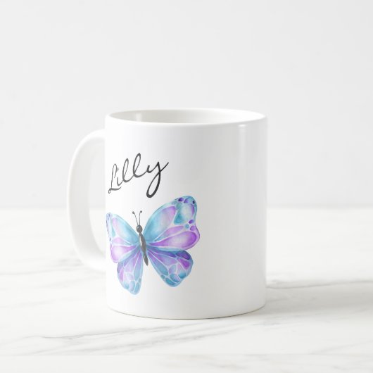 Name der Girl-Butterfly-Script-Monogramm Kaffeetasse (Vorderseite Links)