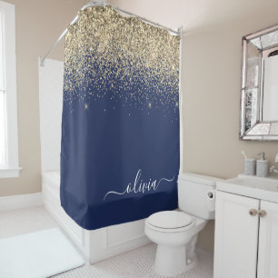 Name der Girl Monogram, Navy Blue Gold Glitzer Duschvorhang