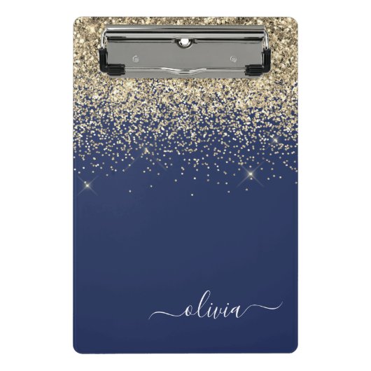 Name der Girl Monogram, Navy Blue Gold Glitzer Mini Klemmbrett (Vorderseite)