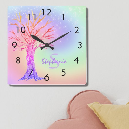 Name der Girl-Rainbow-Glitzern Quadratische Wanduhr