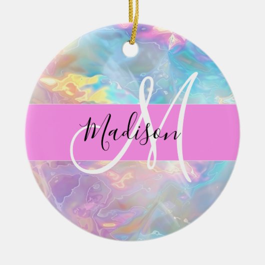 Name der Girly Rainbow Holographic Iridesgram Mono Keramik Ornament (Vorne)