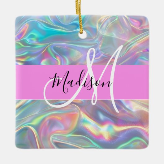 Name der Girly Rainbow Holographic Iridesgram Mono Keramikornament (Vorderseite)