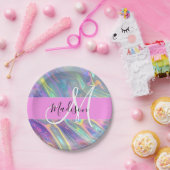 Name der Girly Rainbow Holographic Iridesgram Mono Pappteller (Party)