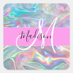 Name der Girly Rainbow Holographic Iridesgram Mono Quadratischer Aufkleber
