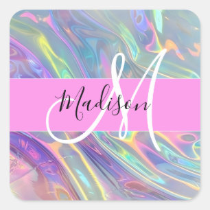 Name der Girly Rainbow Holographic Iridesgram Mono Quadratischer Aufkleber
