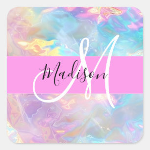 Name der Girly Rainbow Holographic Iridesgram Mono Quadratischer Aufkleber