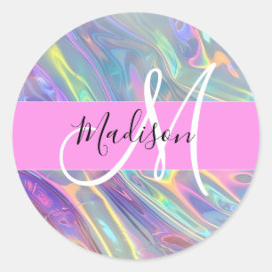 Name der Girly Rainbow Holographic Iridesgram Mono Runder Aufkleber