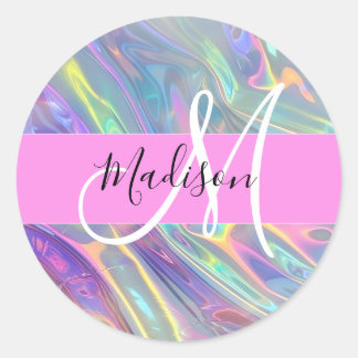 Name der Girly Rainbow Holographic Iridesgram Mono Runder Aufkleber