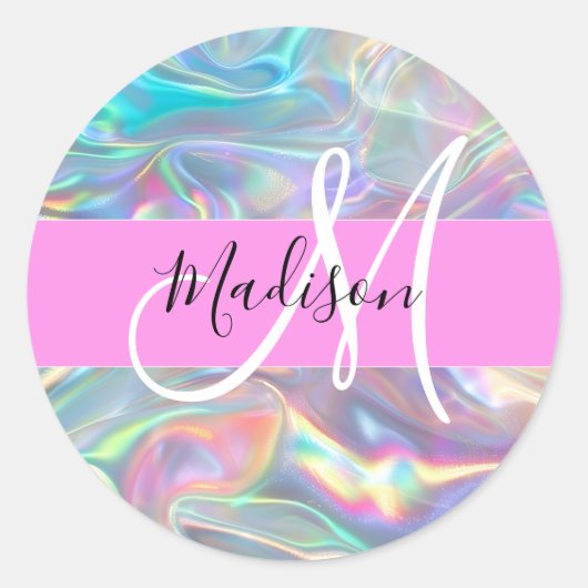 Name der Girly Rainbow Holographic Iridesgram Mono Runder Aufkleber (Vorderseite)