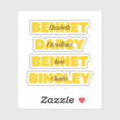 Name der Hauptcharaktere aus Stolz und Vorurteile Aufkleber (Blatt)