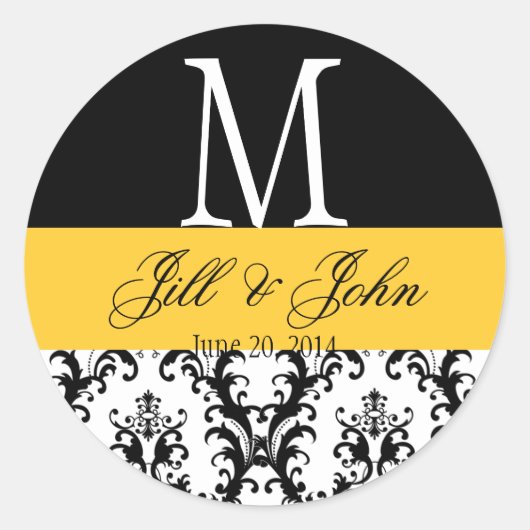 Name der Hochzeitmonogramm Datum Damaske Schwarz G Runder Aufkleber (Vorderseite)
