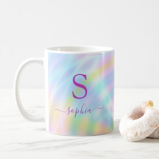 Name der Holografischen Iridescent-Rainbow-Monogra Kaffeetasse (Mit Donut)