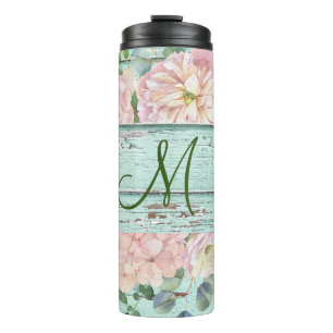 Name der Holzmonogramm-Ältere mit Hydrangea Bloom Thermosbecher