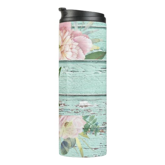 Name der Holzmonogramm-Ältere mit Hydrangea Bloom Thermosbecher (Nach rechts gedreht)