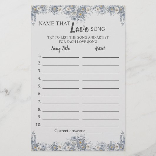 Name der Liebe Song Gray Floral Game Card Flyer (Vorne)