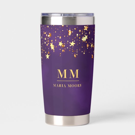 Name der lila Goldsterne-Monogramm-Initialen Thermobecher (Rückseite)