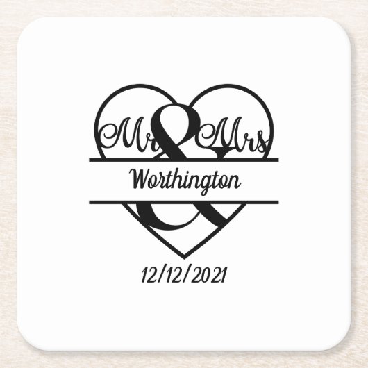 Name der Monogramm Datum Herzhochzeit Rechteckiger Pappuntersetzer (Vorderseite)