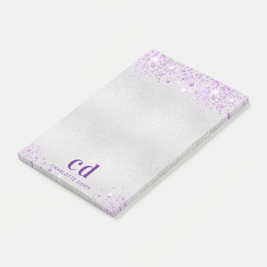 Name der Monogramm-Initialen des lila Glitzer Post-it Klebezettel (angewinkelt)