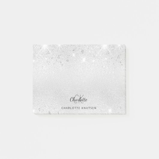 Name der Monogramm-Initialen des Silver Glitzer Post-it Klebezettel (Vorderseite)