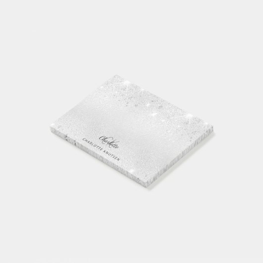 Name der Monogramm-Initialen des Silver Glitzer Post-it Klebezettel (angewinkelt)