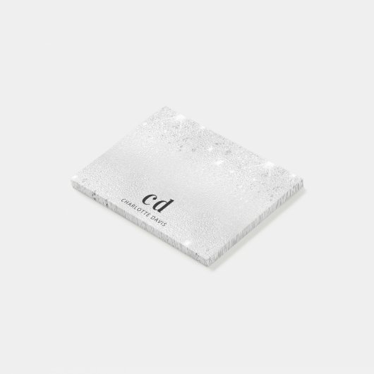Name der Monogramm-Initialen des Silver Glitzer Post-it Klebezettel (angewinkelt)