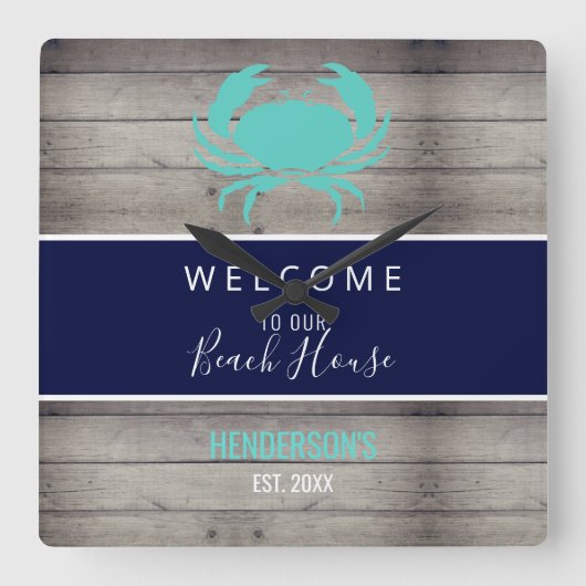 Name der Monogrammfamilie Nautical Beach Rustic Wo Quadratische Wanduhr (Vorderseite)