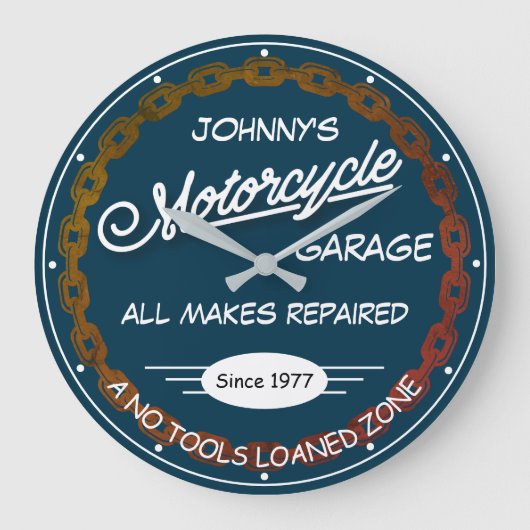 Name der Motorradgarage Datum der Kette weiß blau Große Wanduhr (Vorderseite)