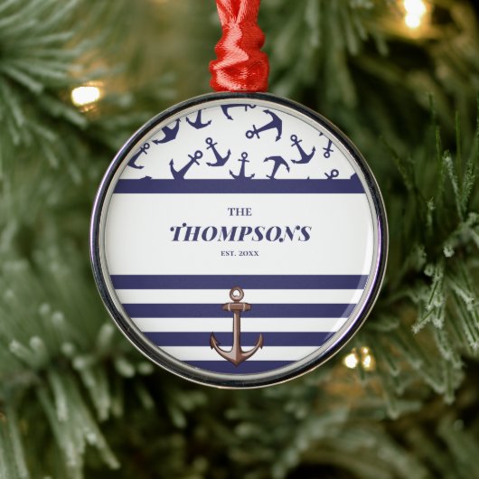 Name der Nautic Anchor Muster Navy Stripes Ornament Aus Metall (Baum)