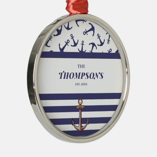 Name der Nautic Anchor Muster Navy Stripes Ornament Aus Metall (Rechts)