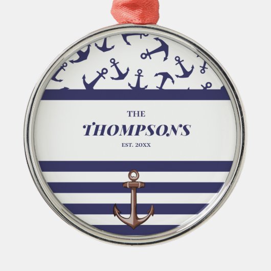 Name der Nautic Anchor Muster Navy Stripes Ornament Aus Metall (Vorne)