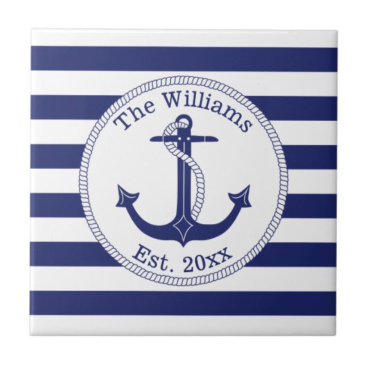 Name der Nautic Anchor Navy Blue Stripes Fliese (Vorderseite)