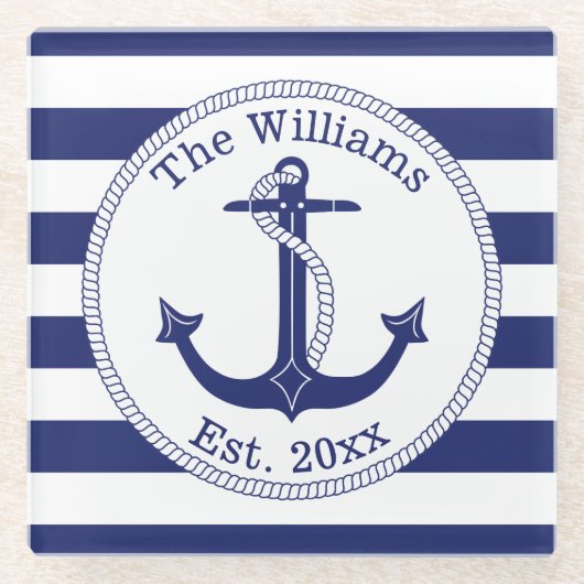 Name der Nautic Anchor Navy Blue Stripes Glasuntersetzer (Vorderseite)