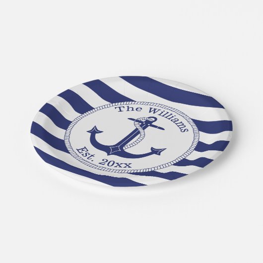 Name der Nautic Anchor Navy Blue Stripes Pappteller (Schrägansicht)