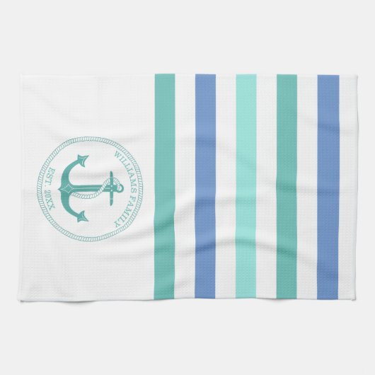 Name der Nautic Aquamarin Anchor Blue White Stripe Geschirrtuch (Horizontal)
