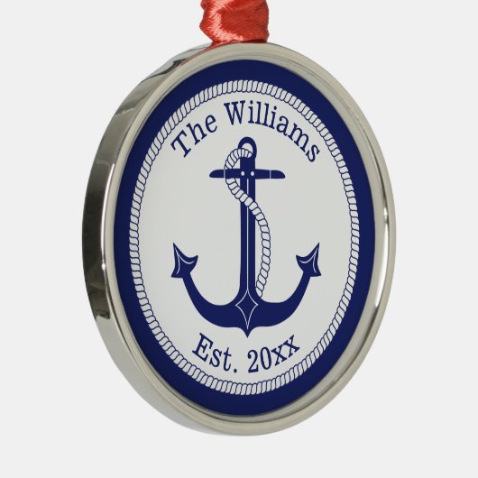 Name der Nautic Navy Blue Anchor-Familie Silbernes Ornament (Rechts)